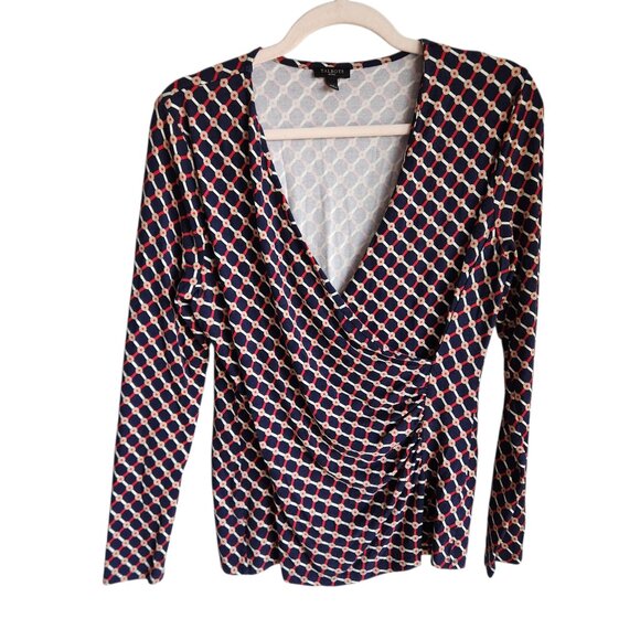 Talbots Shirt Women's Large Petites LP Blue V Neck Faux Wrap Top Blouse - Picture 1 of 8